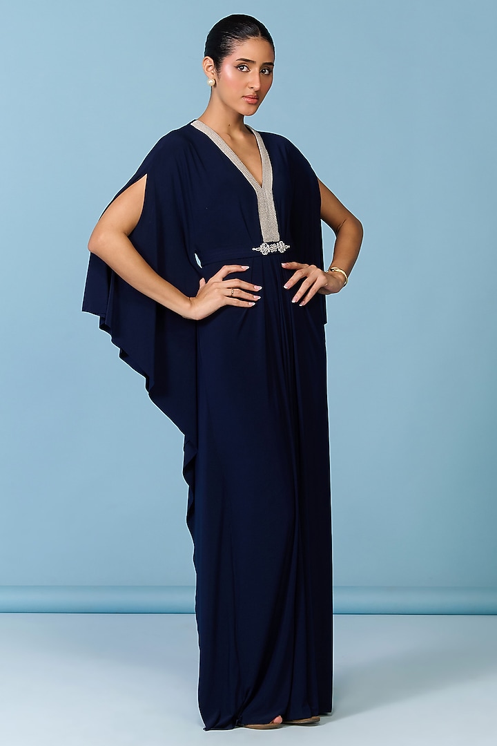 Navy Blue Poly Jersey Kaftan Cocktail Dress by S&N by Shantnu Nikhil at Pernia's Pop Up Shop