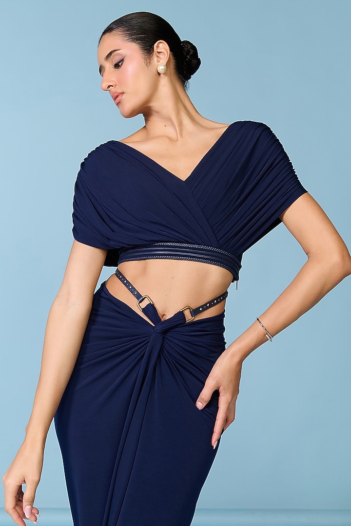 Navy Blue Poly Jersey Draped Crop Top by S&N by Shantnu Nikhil at Pernia's Pop Up Shop