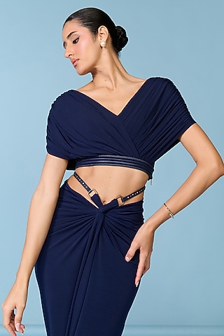 Navy Blue Poly Jersey Draped Crop Top by S&N by Shantnu Nikhil
