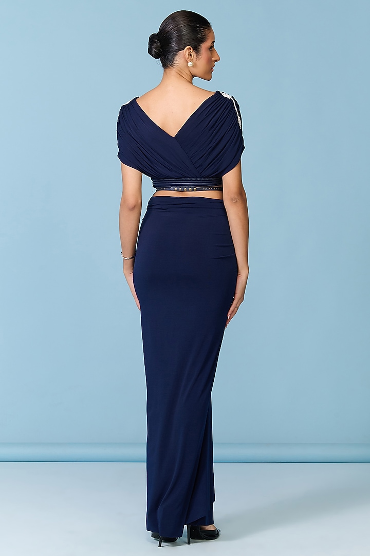 Navy Blue Poly Jersey Draped Crop Top by S&N by Shantnu Nikhil at Pernia's Pop Up Shop
