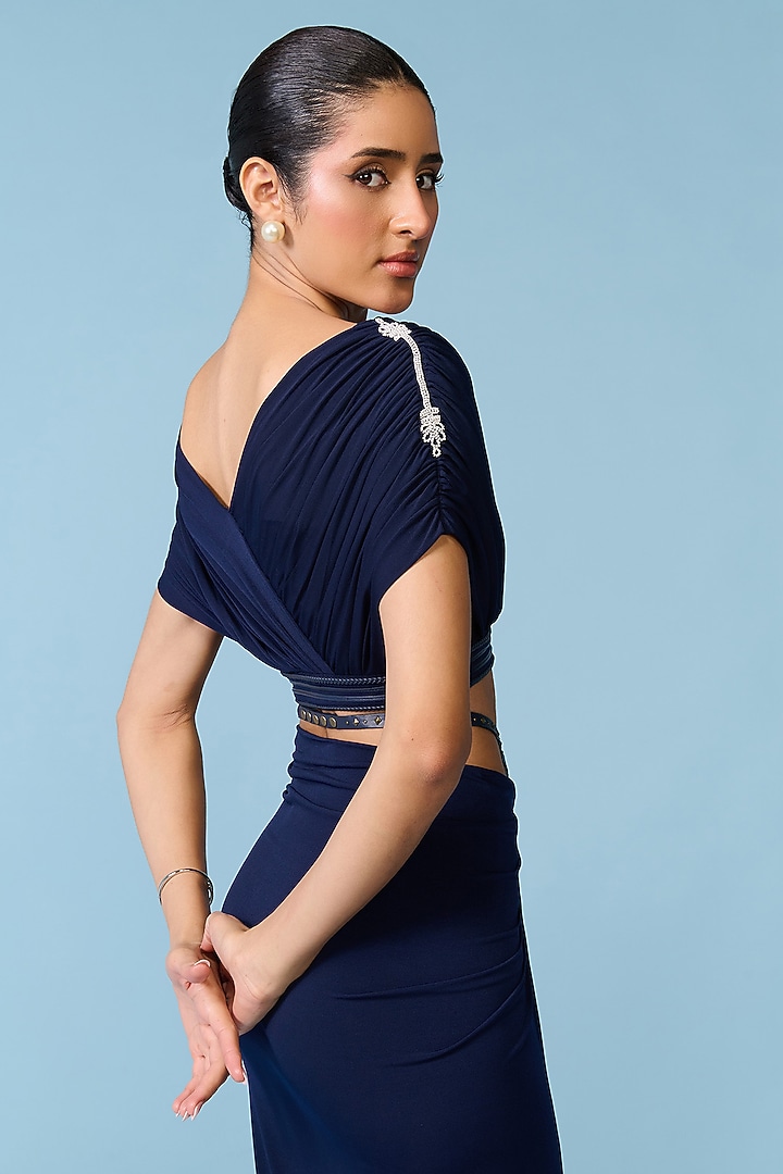 Navy Blue Poly Jersey Draped Crop Top by S&N by Shantnu Nikhil at Pernia's Pop Up Shop