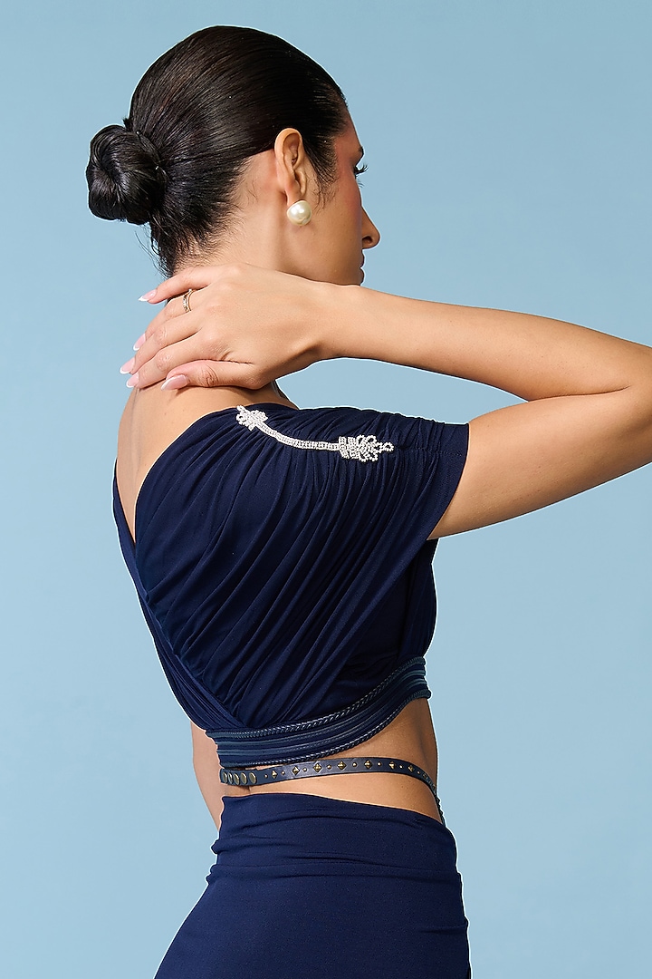 Navy Blue Poly Jersey Draped Crop Top by S&N by Shantnu Nikhil at Pernia's Pop Up Shop