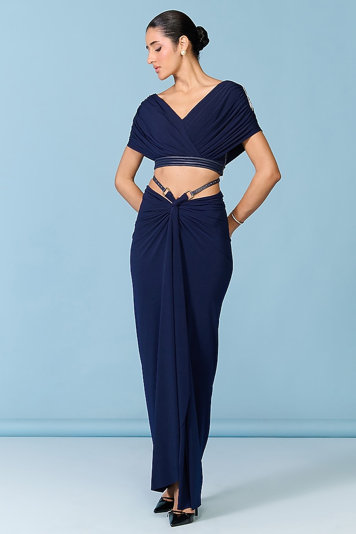 Navy Blue Poly Jersey Draped Crop Top by S&N by Shantnu Nikhil at Pernia's Pop Up Shop