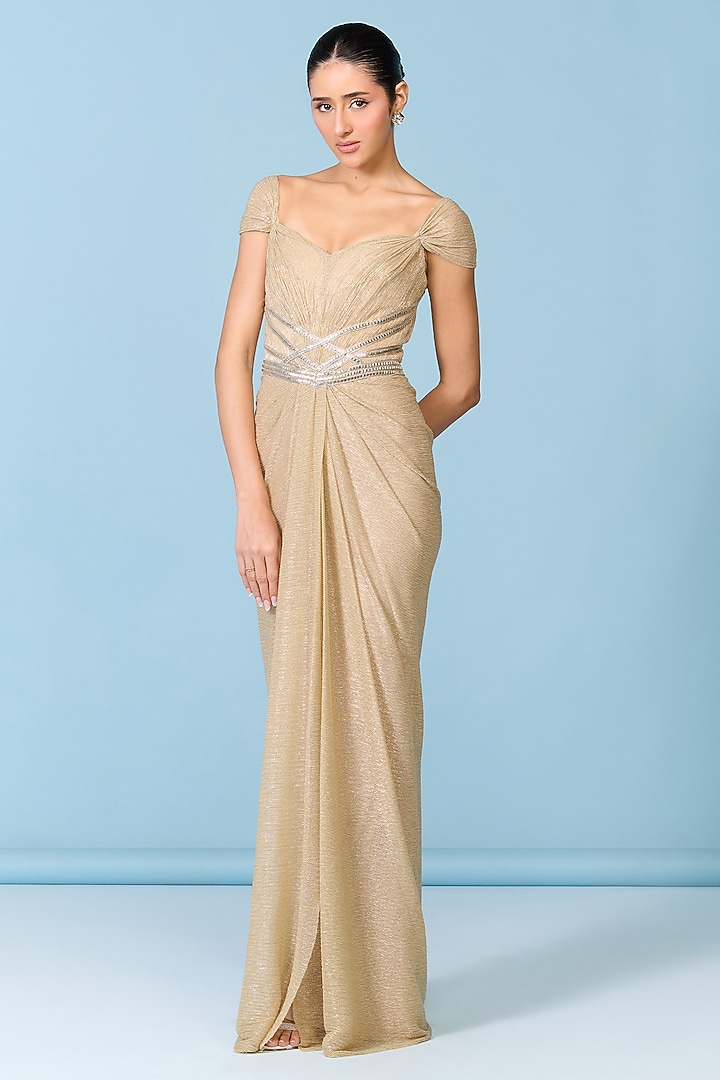 Gold Lurex Draped Sculpted Engagement Gown by S&N by Shantnu Nikhil at Pernia's Pop Up Shop
