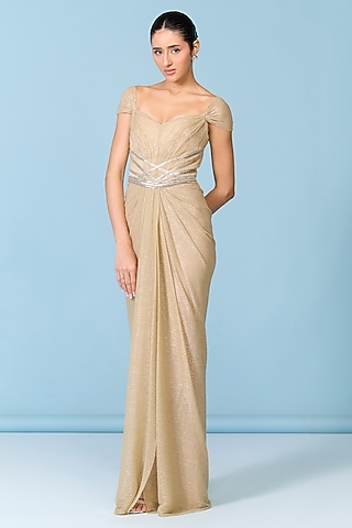 Gold Lurex Draped Sculpted Gown by S&N by Shantnu Nikhil