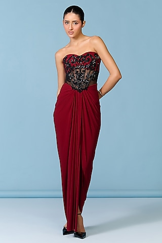Cherry Red Poly Jersey Corset Gown by S&N by Shantnu Nikhil