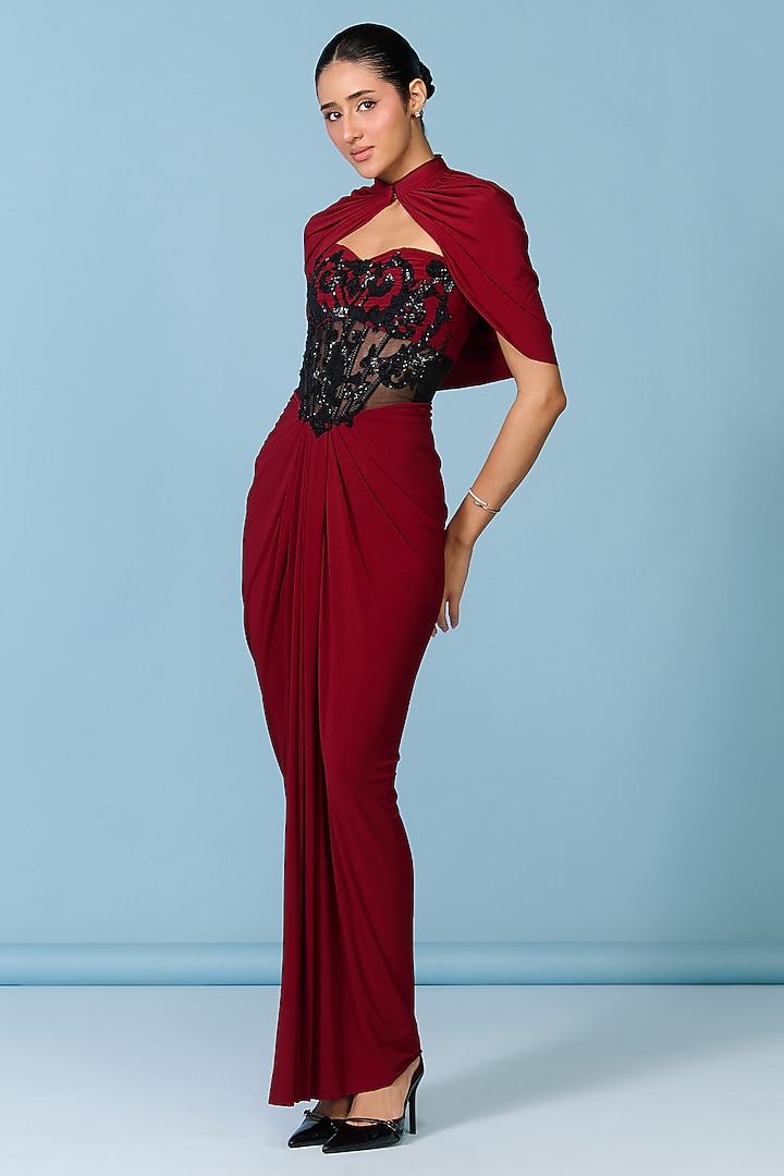 Cherry Red Poly Jersey Corset Engagement Gown by S&N by Shantnu Nikhil at Pernia's Pop Up Shop
