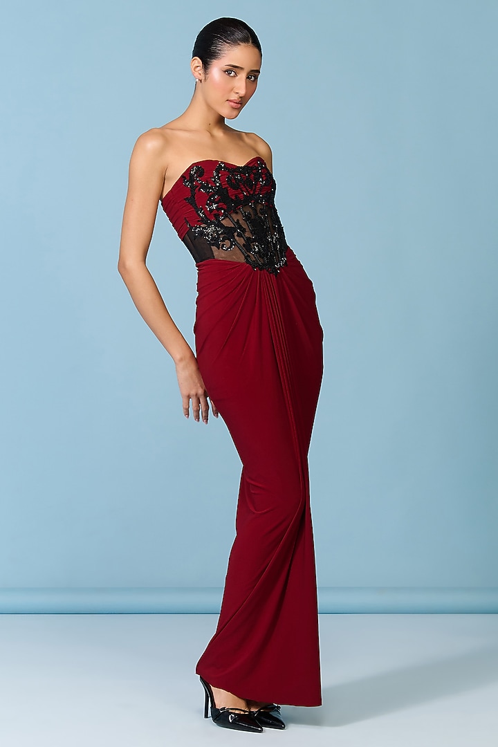 Cherry Red Poly Jersey Corset Engagement Gown by S&N by Shantnu Nikhil at Pernia's Pop Up Shop
