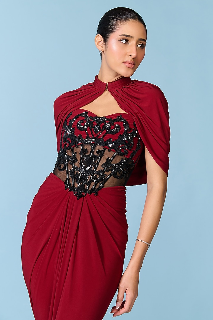 Cherry Red Poly Jersey Corset Engagement Gown by S&N by Shantnu Nikhil at Pernia's Pop Up Shop
