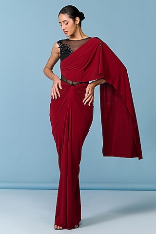 Cherry Red Poly Jersey Draped Gown by S&N by Shantnu Nikhil