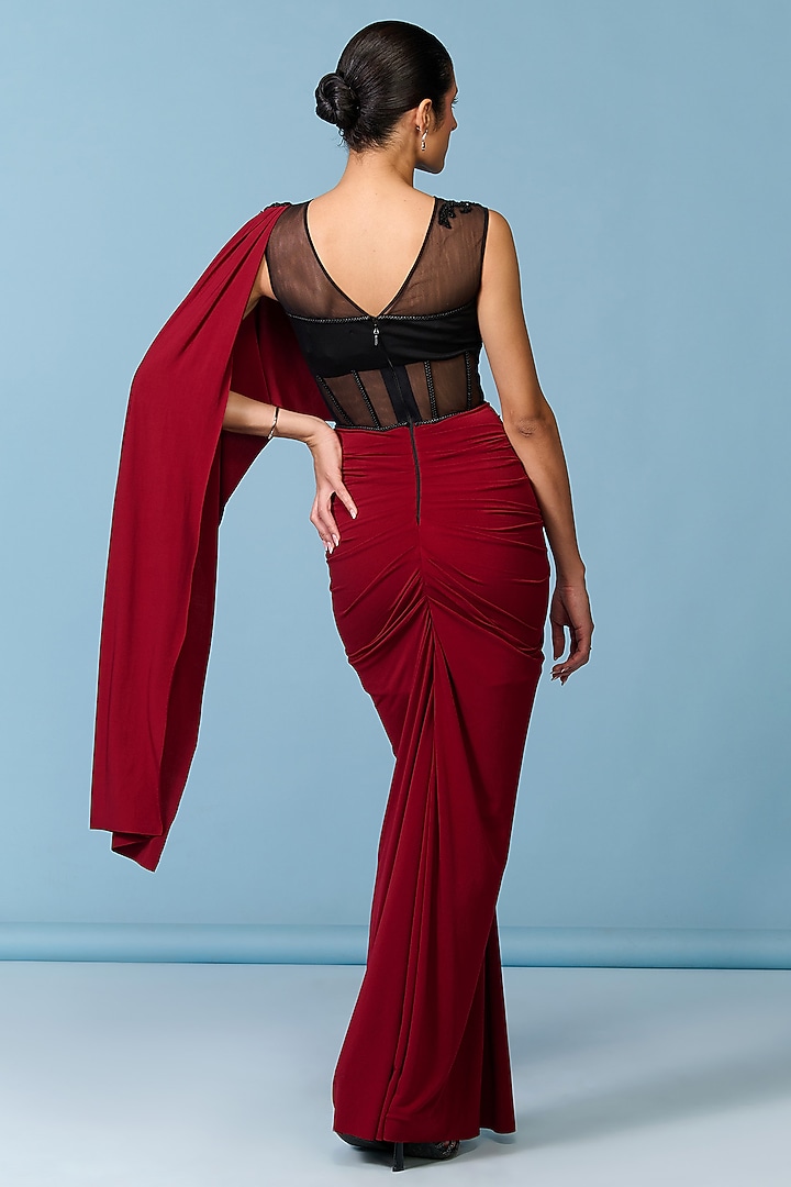 Cherry Red Poly Jersey Draped Engagement Gown by S&N by Shantnu Nikhil at Pernia's Pop Up Shop