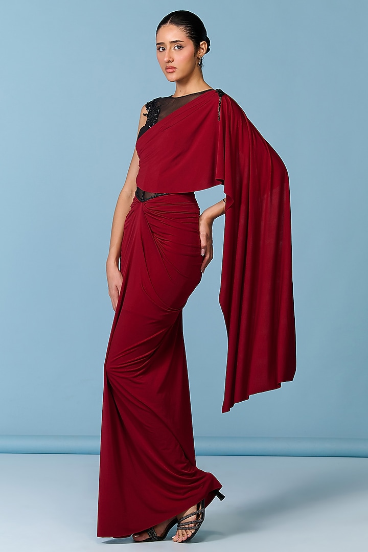Cherry Red Poly Jersey Draped Engagement Gown by S&N by Shantnu Nikhil at Pernia's Pop Up Shop