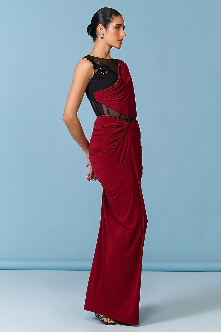 Cherry Red Poly Jersey Draped Engagement Gown by S&N by Shantnu Nikhil at Pernia's Pop Up Shop