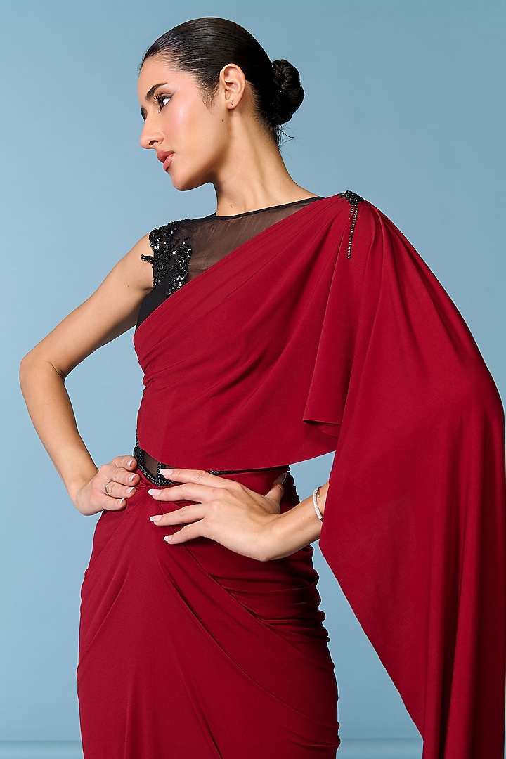 Cherry Red Poly Jersey Draped Engagement Gown by S&N by Shantnu Nikhil at Pernia's Pop Up Shop
