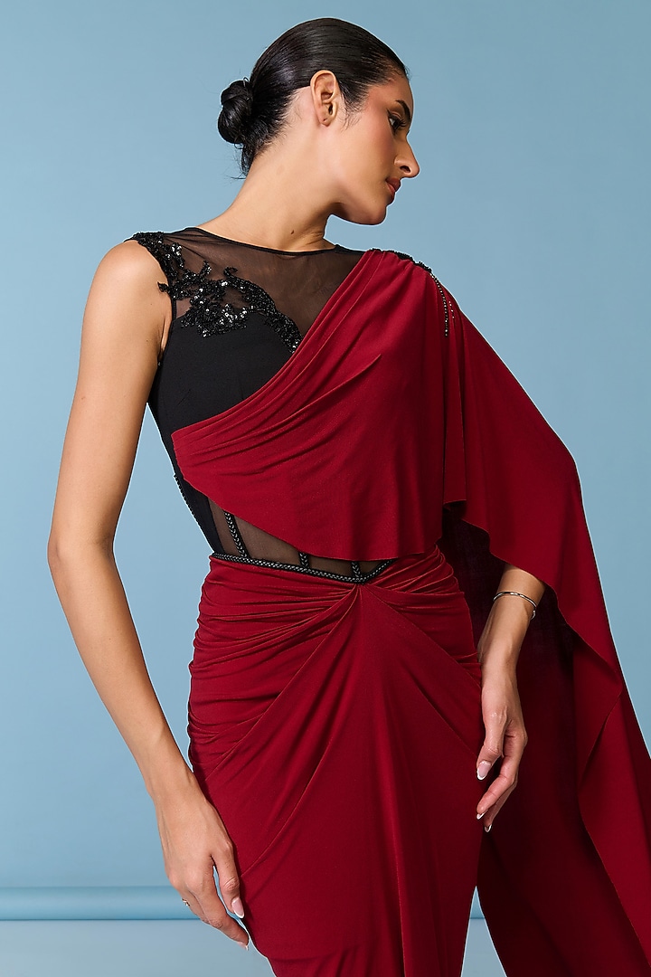 Cherry Red Poly Jersey Draped Engagement Gown by S&N by Shantnu Nikhil at Pernia's Pop Up Shop