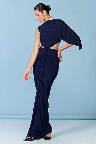 Navy Blue Poly Jersey Knotted Gown by S&N by Shantnu Nikhil