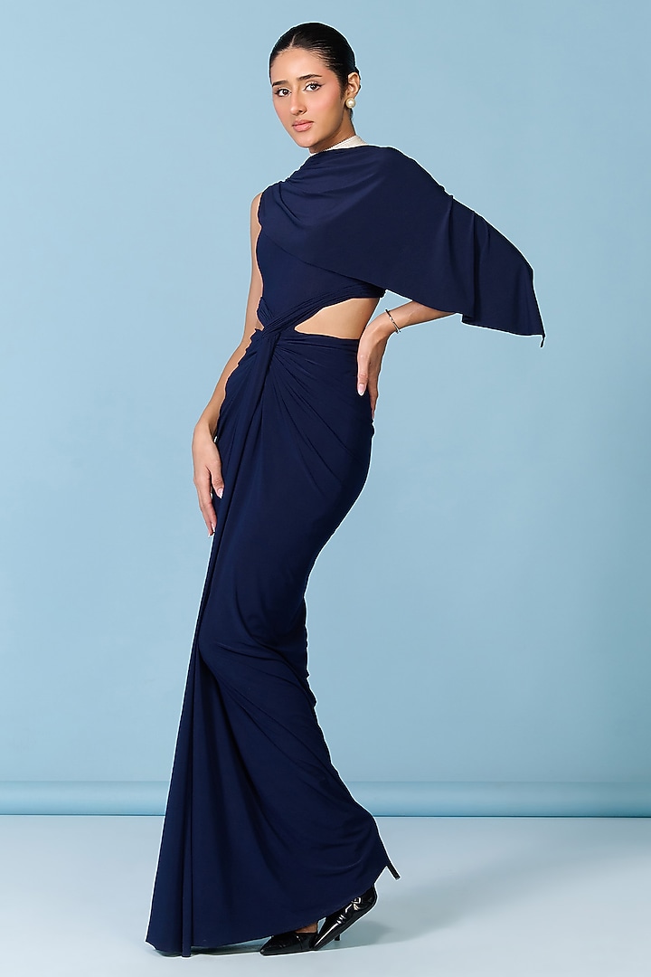 Navy Blue Poly Jersey Knotted Engagement Gown by S&N by Shantnu Nikhil at Pernia's Pop Up Shop