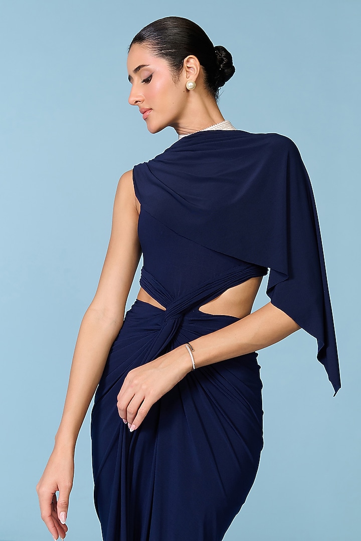 Navy Blue Poly Jersey Knotted Engagement Gown by S&N by Shantnu Nikhil at Pernia's Pop Up Shop