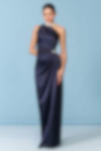 Navy Blue Satin Embellished One-Shoulder Engagement Gown by S&N by Shantnu Nikhil at Pernia's Pop Up Shop