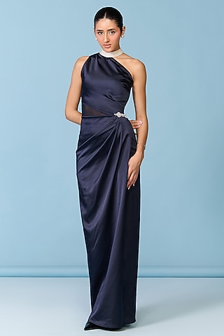 Navy Blue Satin Embellished One-Shoulder Gown by S&N by Shantnu Nikhil