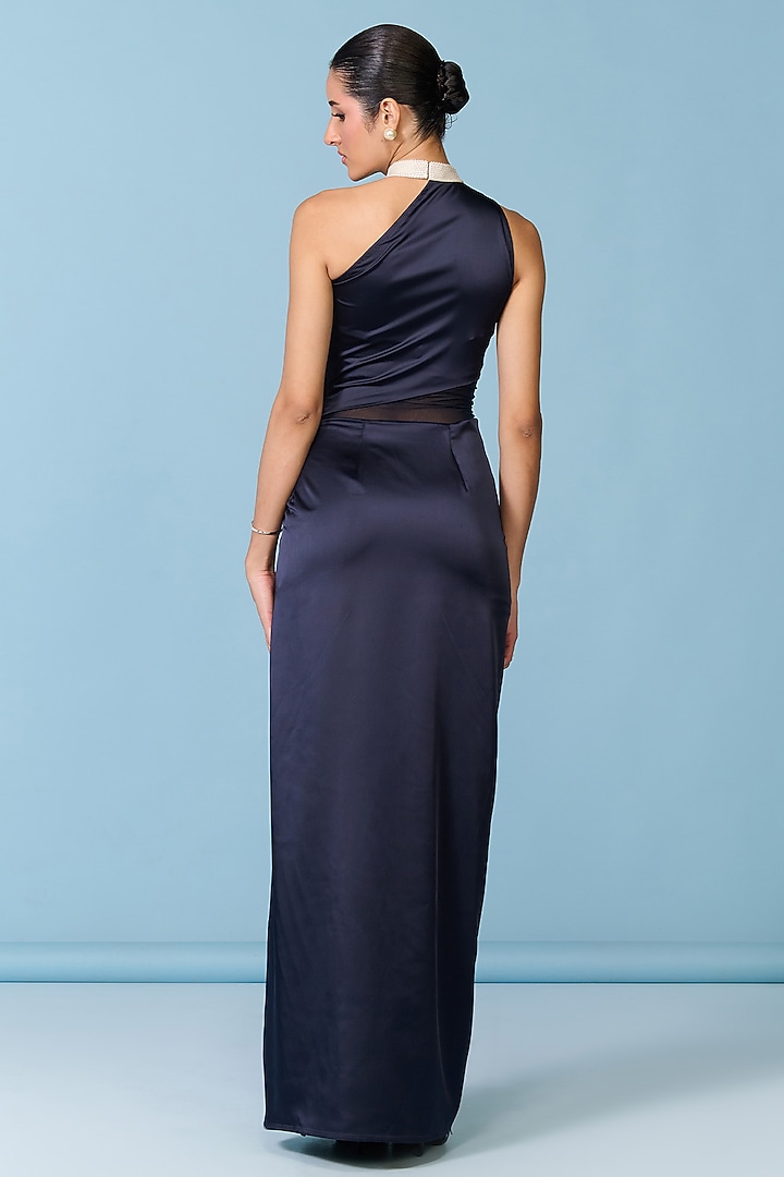 Navy Blue Satin Embellished One-Shoulder Engagement Gown by S&N by Shantnu Nikhil at Pernia's Pop Up Shop