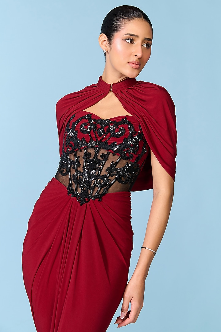 Cherry Red Poly Jersey Cape by S&N by Shantnu Nikhil at Pernia's Pop Up Shop