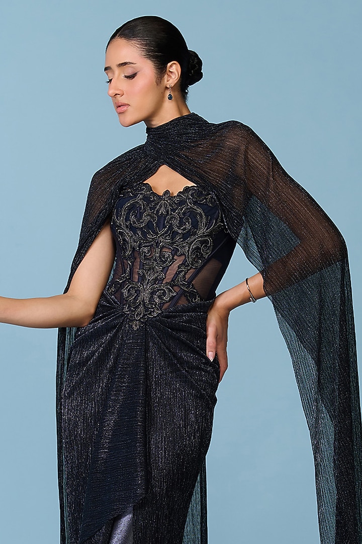 Navy Blue Chiffon Draped Cape by S&N by Shantnu Nikhil at Pernia's Pop Up Shop