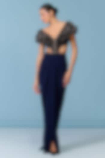 Navy Blue Poly Jersey Flounce Engagement Gown by S&N by Shantnu Nikhil at Pernia's Pop Up Shop
