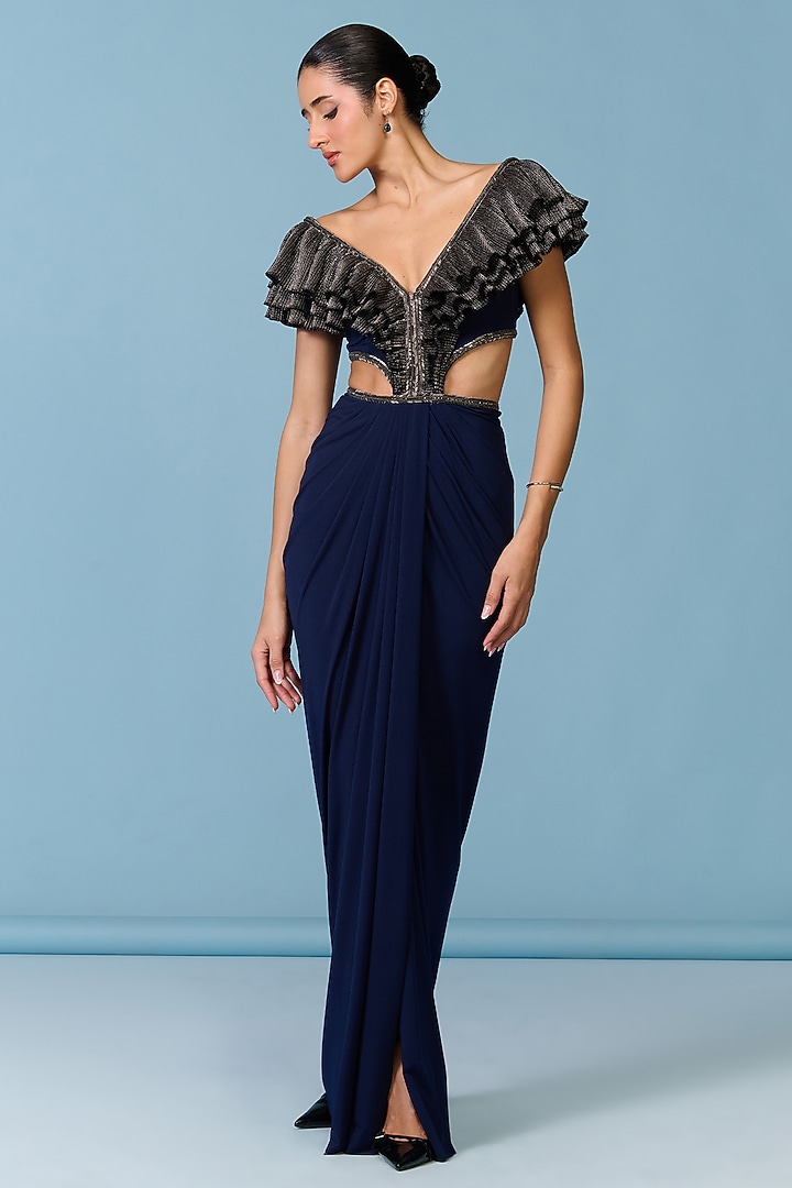 Navy Blue Poly Jersey Flounce Engagement Gown by S&N by Shantnu Nikhil at Pernia's Pop Up Shop