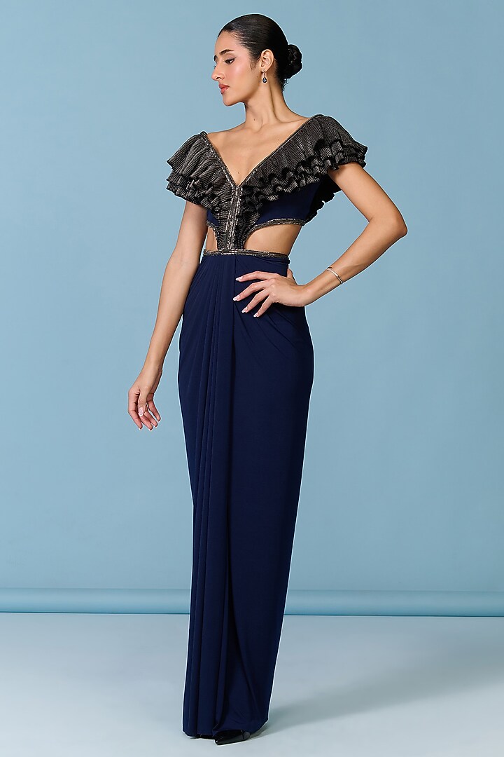 Navy Blue Poly Jersey Flounce Engagement Gown by S&N by Shantnu Nikhil at Pernia's Pop Up Shop