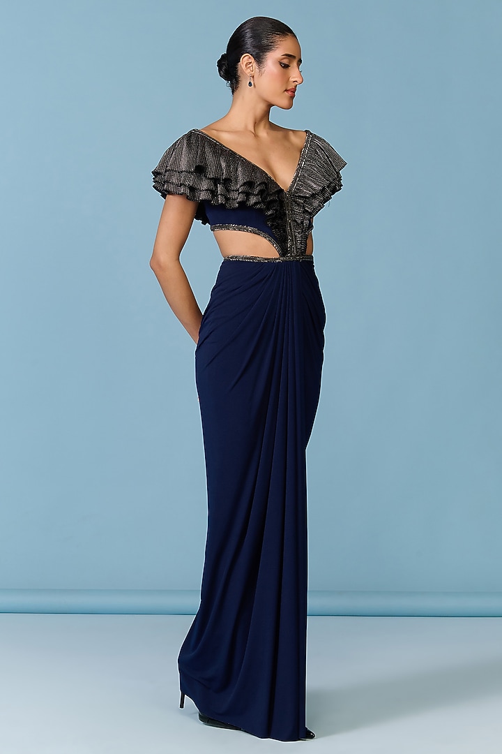 Navy Blue Poly Jersey Flounce Engagement Gown by S&N by Shantnu Nikhil at Pernia's Pop Up Shop