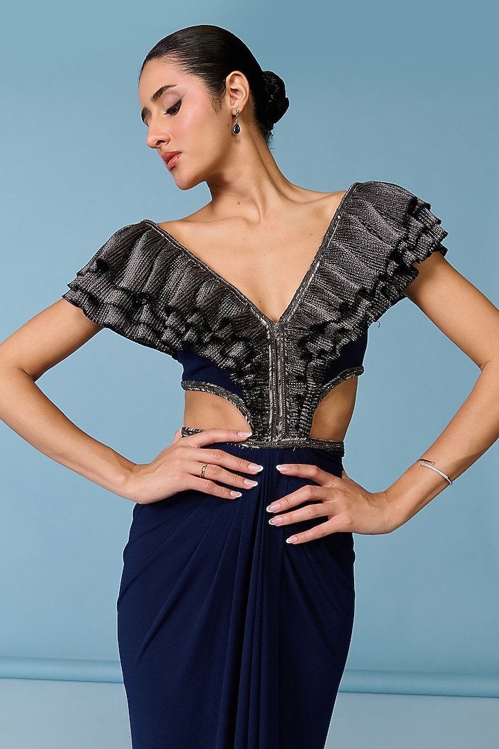 Navy Blue Poly Jersey Flounce Engagement Gown by S&N by Shantnu Nikhil at Pernia's Pop Up Shop