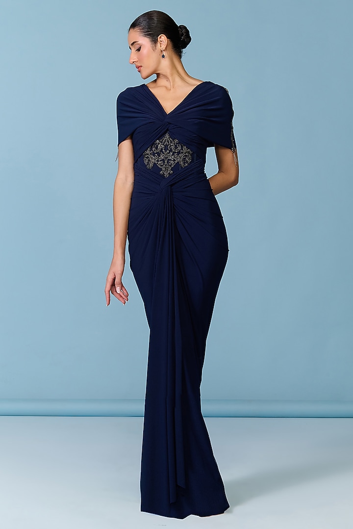 Navy Blue Poly Jersey Draped Engagement Gown by S&N by Shantnu Nikhil at Pernia's Pop Up Shop