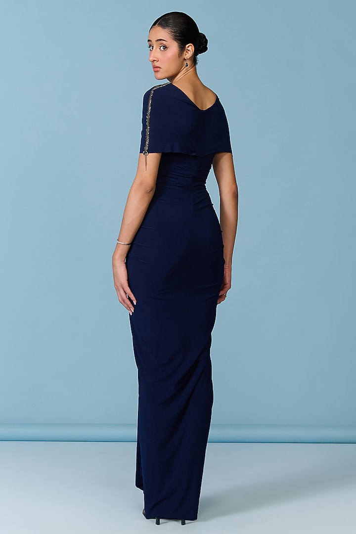 Navy Blue Poly Jersey Draped Engagement Gown by S&N by Shantnu Nikhil at Pernia's Pop Up Shop