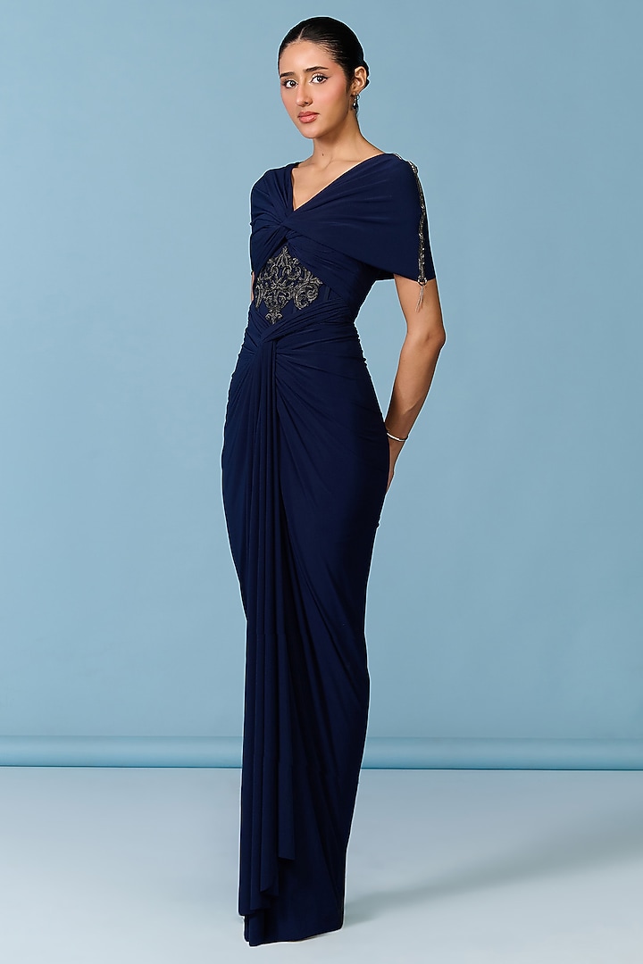 Navy Blue Poly Jersey Draped Engagement Gown by S&N by Shantnu Nikhil at Pernia's Pop Up Shop