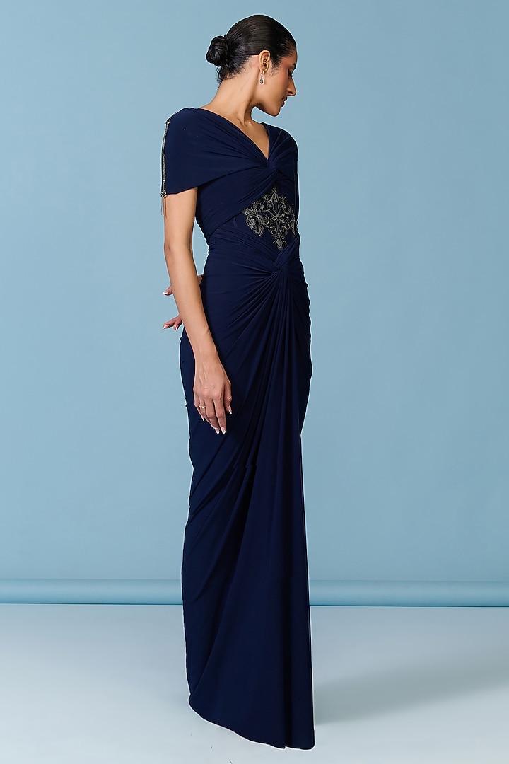 Navy Blue Poly Jersey Draped Engagement Gown by S&N by Shantnu Nikhil at Pernia's Pop Up Shop