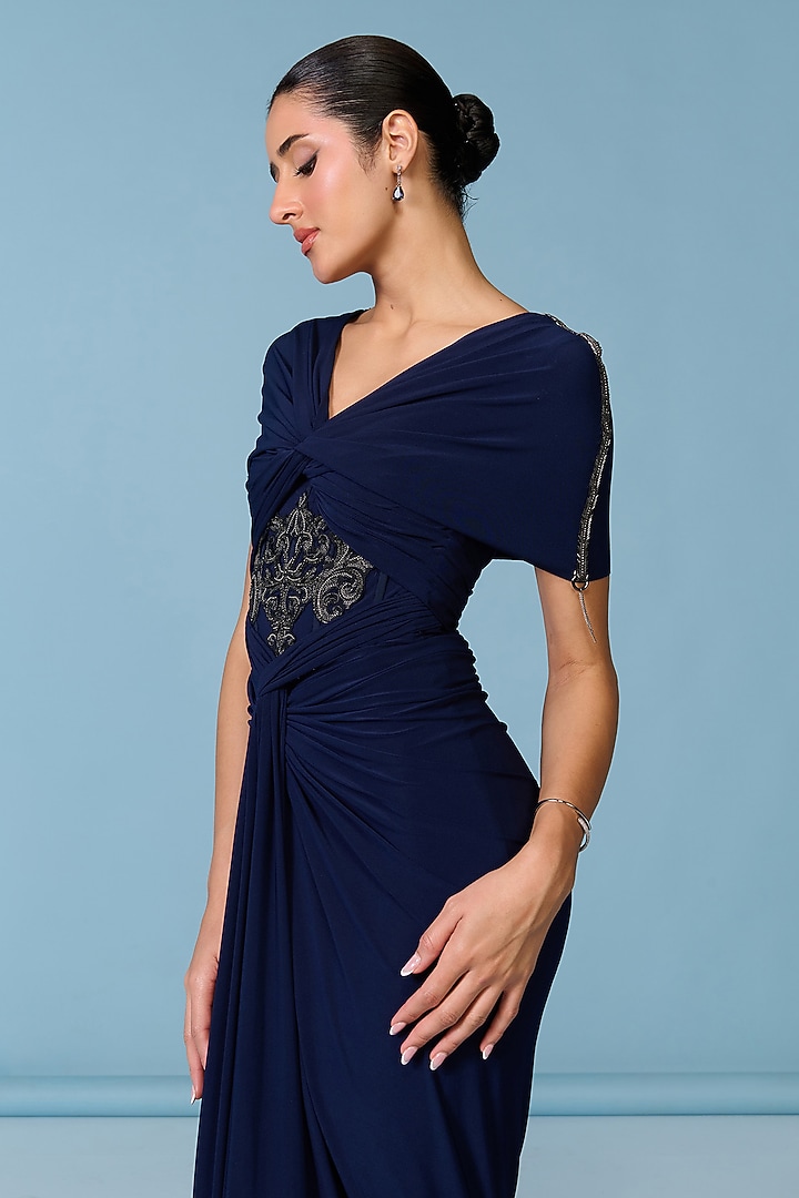 Navy Blue Poly Jersey Draped Engagement Gown by S&N by Shantnu Nikhil at Pernia's Pop Up Shop