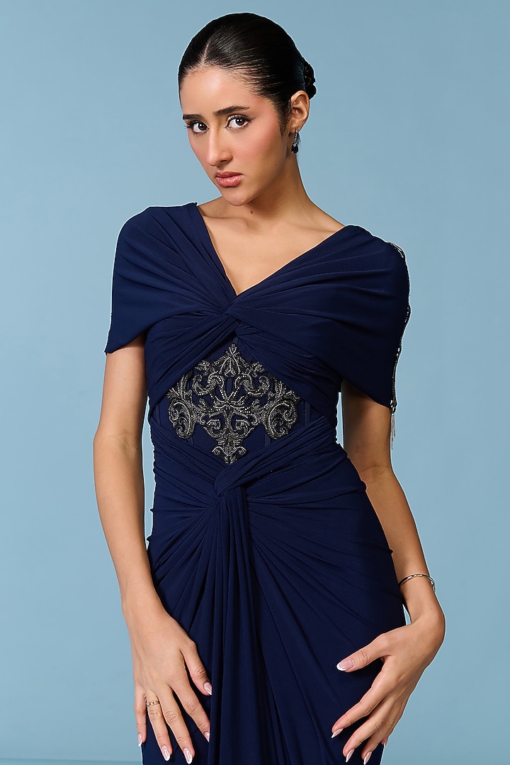 Navy Blue Poly Jersey Draped Engagement Gown by S&N by Shantnu Nikhil at Pernia's Pop Up Shop