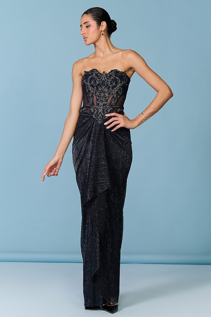 Navy Blue Lurex Embellished Corset Engagement Gown by S&N by Shantnu Nikhil at Pernia's Pop Up Shop