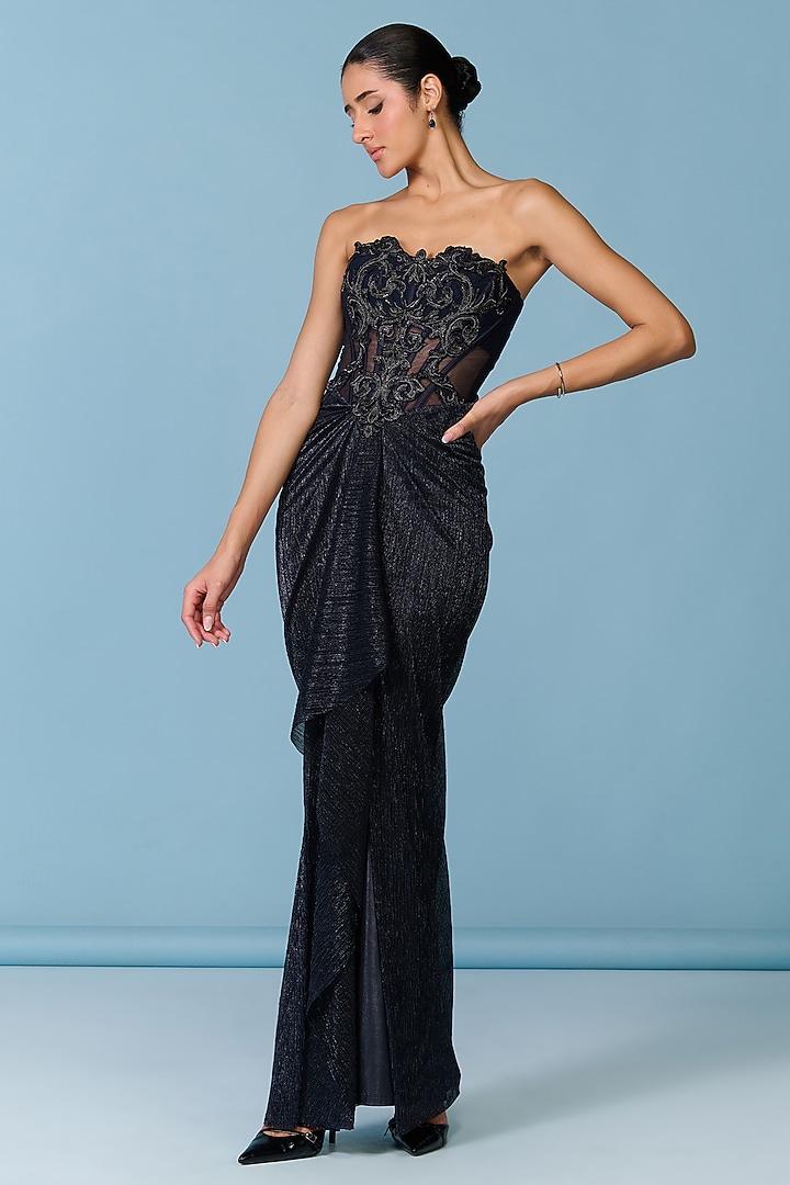 Navy Blue Lurex Embellished Corset Engagement Gown by S&N by Shantnu Nikhil at Pernia's Pop Up Shop
