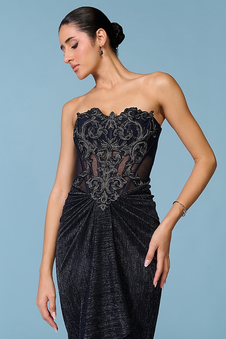 Navy Blue Lurex Embellished Corset Engagement Gown by S&N by Shantnu Nikhil at Pernia's Pop Up Shop