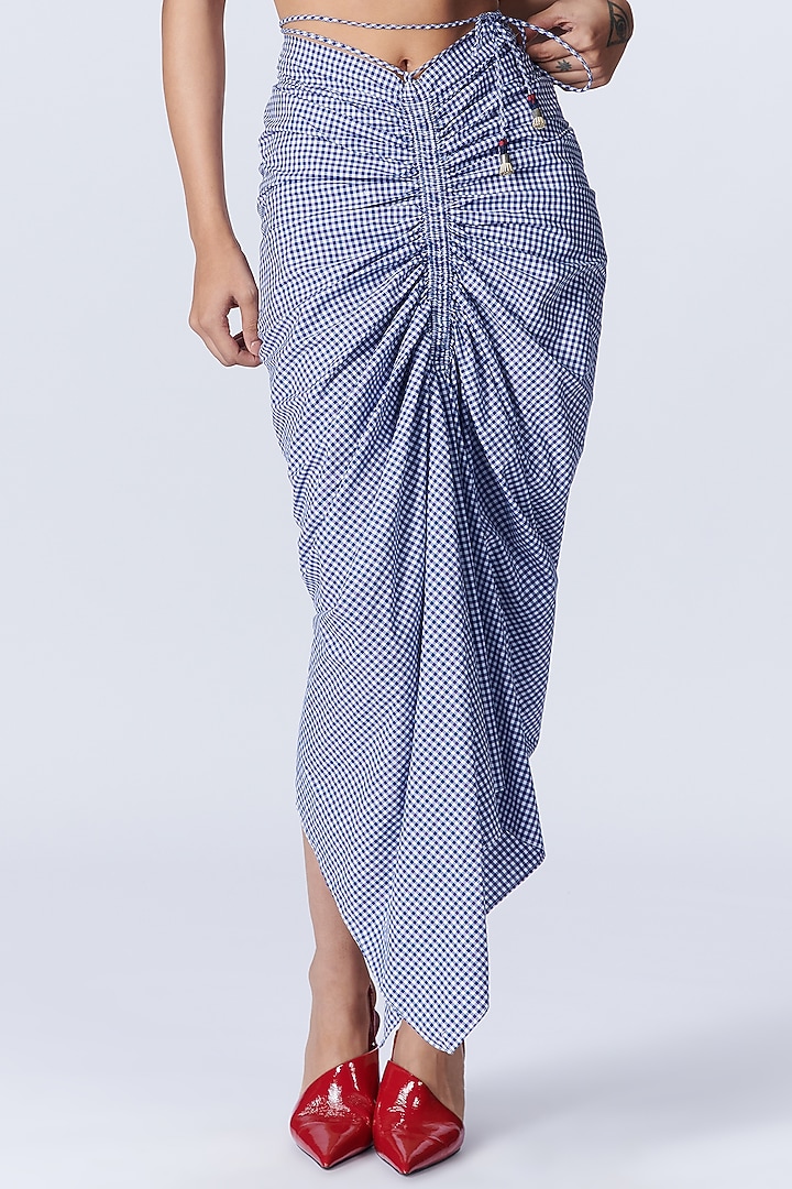 Blue Cotton Plaid Draped Skirt by S&N by Shantnu Nikhil at Pernia's Pop Up Shop