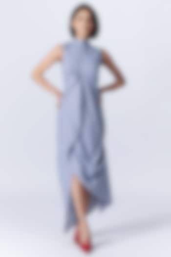 Blue Cotton Plaid Draped Midi Dress by S&N by Shantnu Nikhil