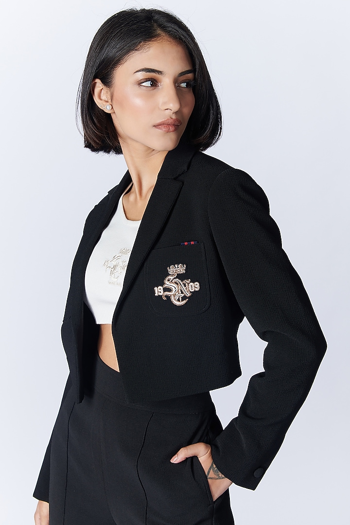 Black Delta Crepe Crop Jacket by S&N by Shantnu Nikhil at Pernia's Pop Up Shop