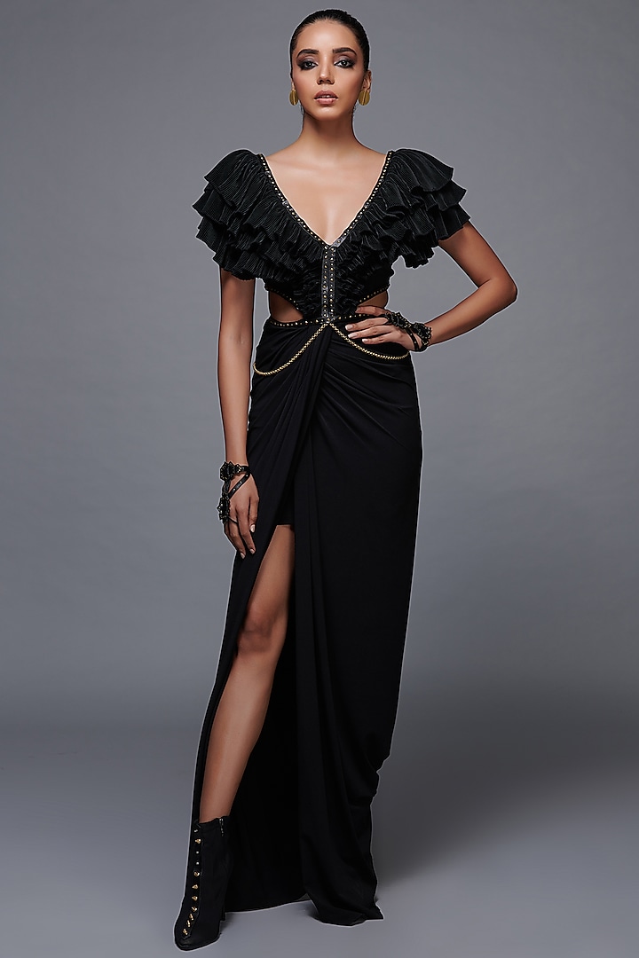 Black Poly Jersey Embellished Gown Saree by S&N by Shantnu Nikhil