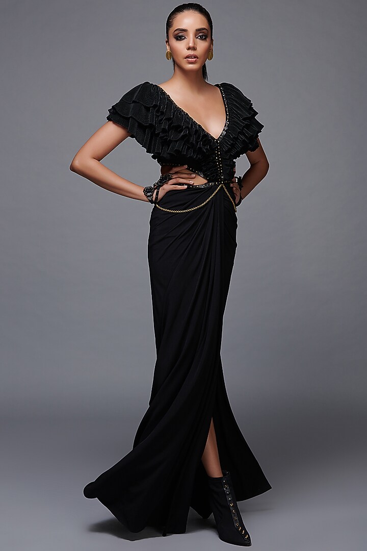 Black Poly Jersey Embellished Wedding Gown Saree by S&N by Shantnu Nikhil at Pernia's Pop Up Shop