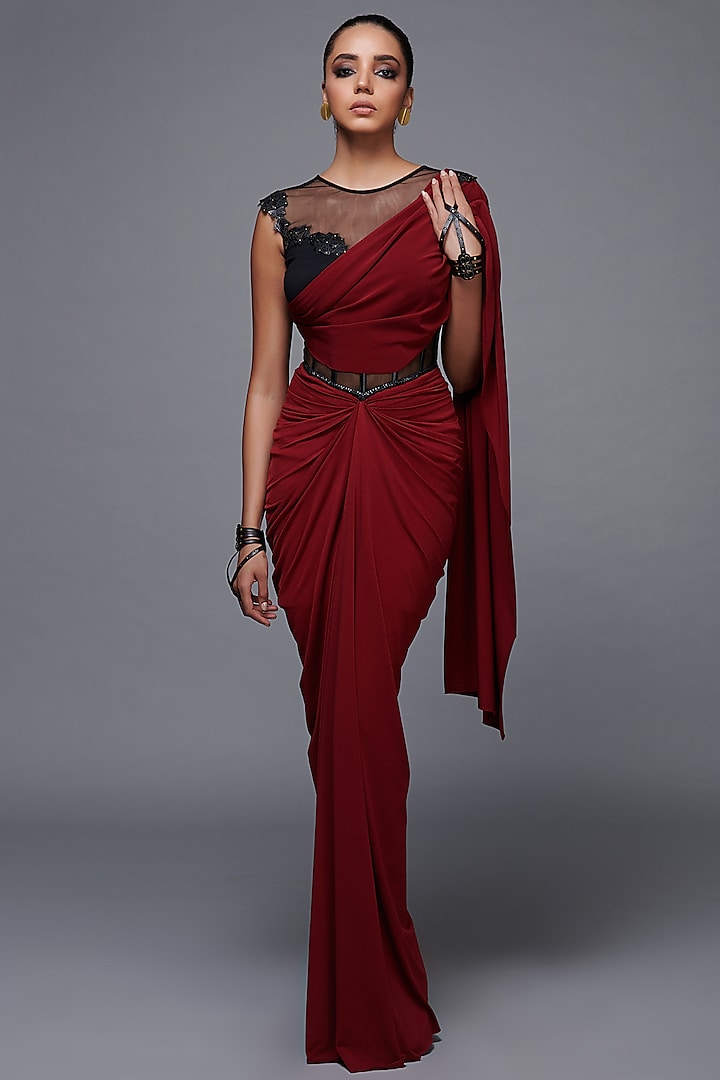 Cherry Red & Black Poly Jersey Gown Saree by S&N by Shantnu Nikhil