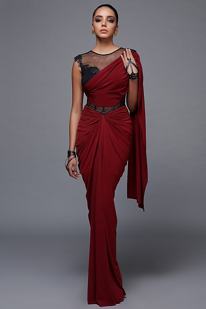 Cherry Red & Black Poly Jersey Gown Saree by S&N by Shantnu Nikhil at Pernia's Pop Up Shop