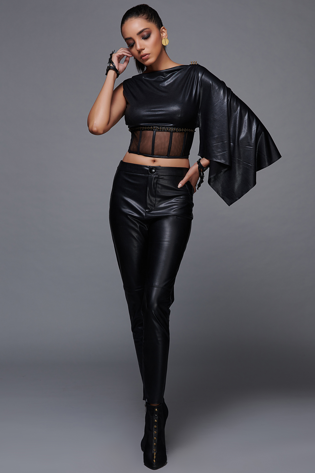 Black Jersey & Net Embellished Crop Top by S&N by Shantnu Nikhil at Pernia's Pop Up Shop