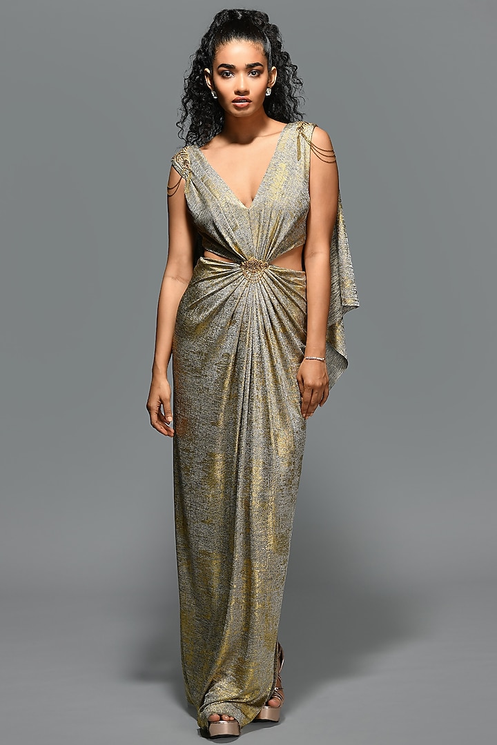 Metallic Gold Foil Embellished Gown Saree by S&N by Shantnu Nikhil
